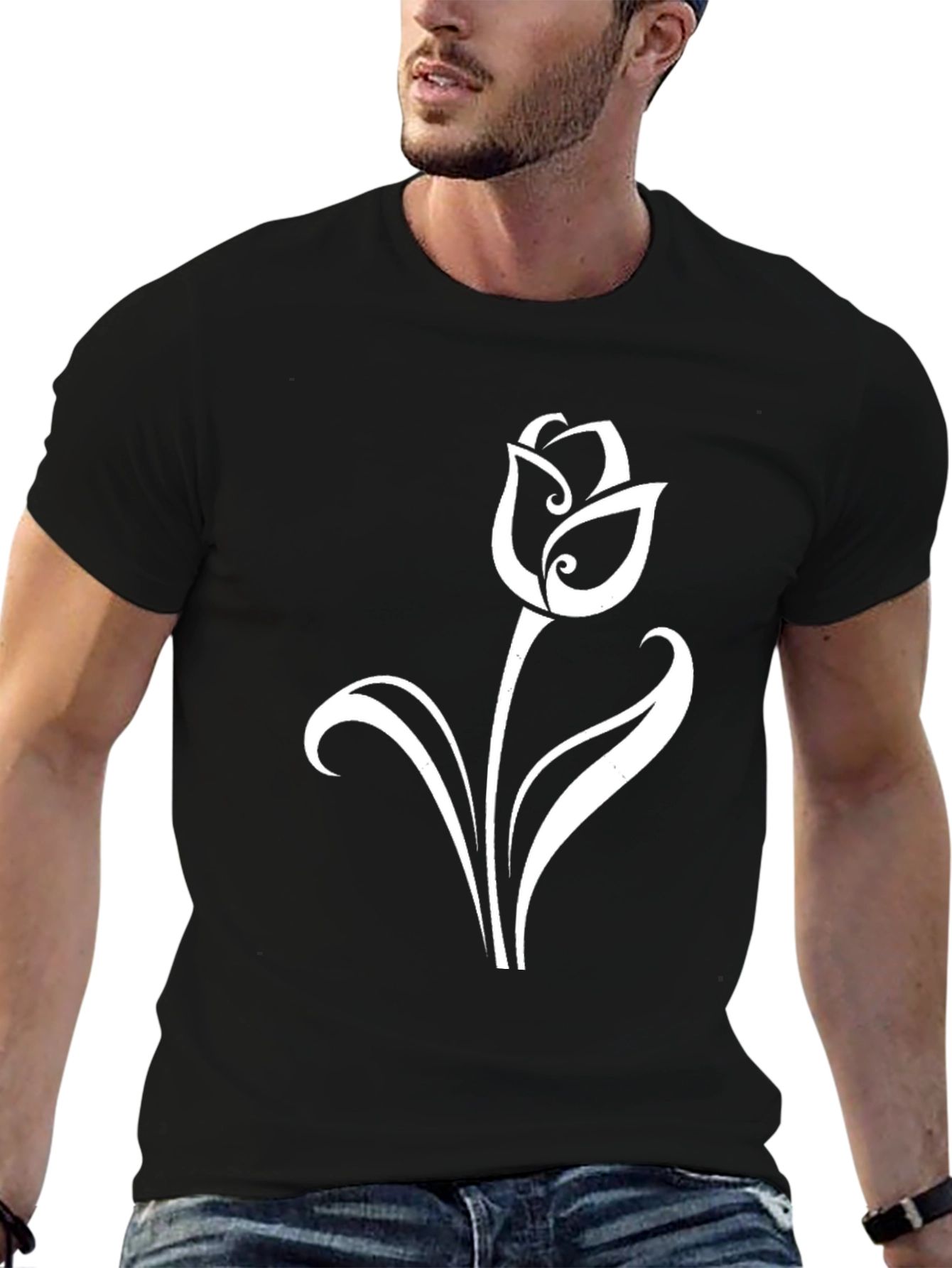 Black T-Shirt with Elegant White Tulip Design