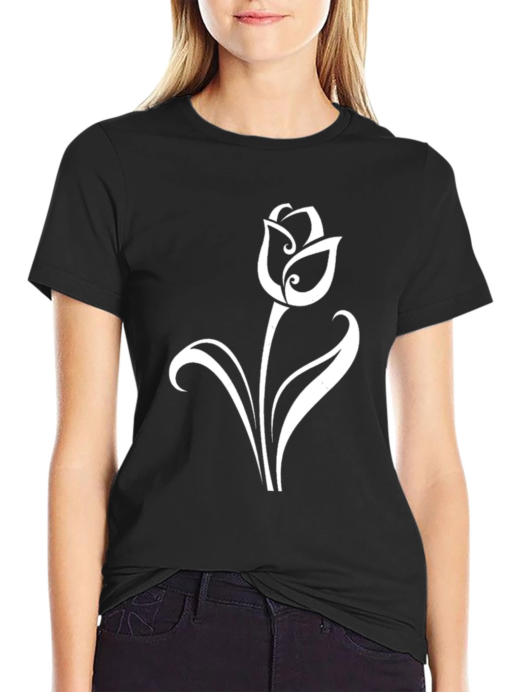 Black T-Shirt with Elegant White Tulip Design