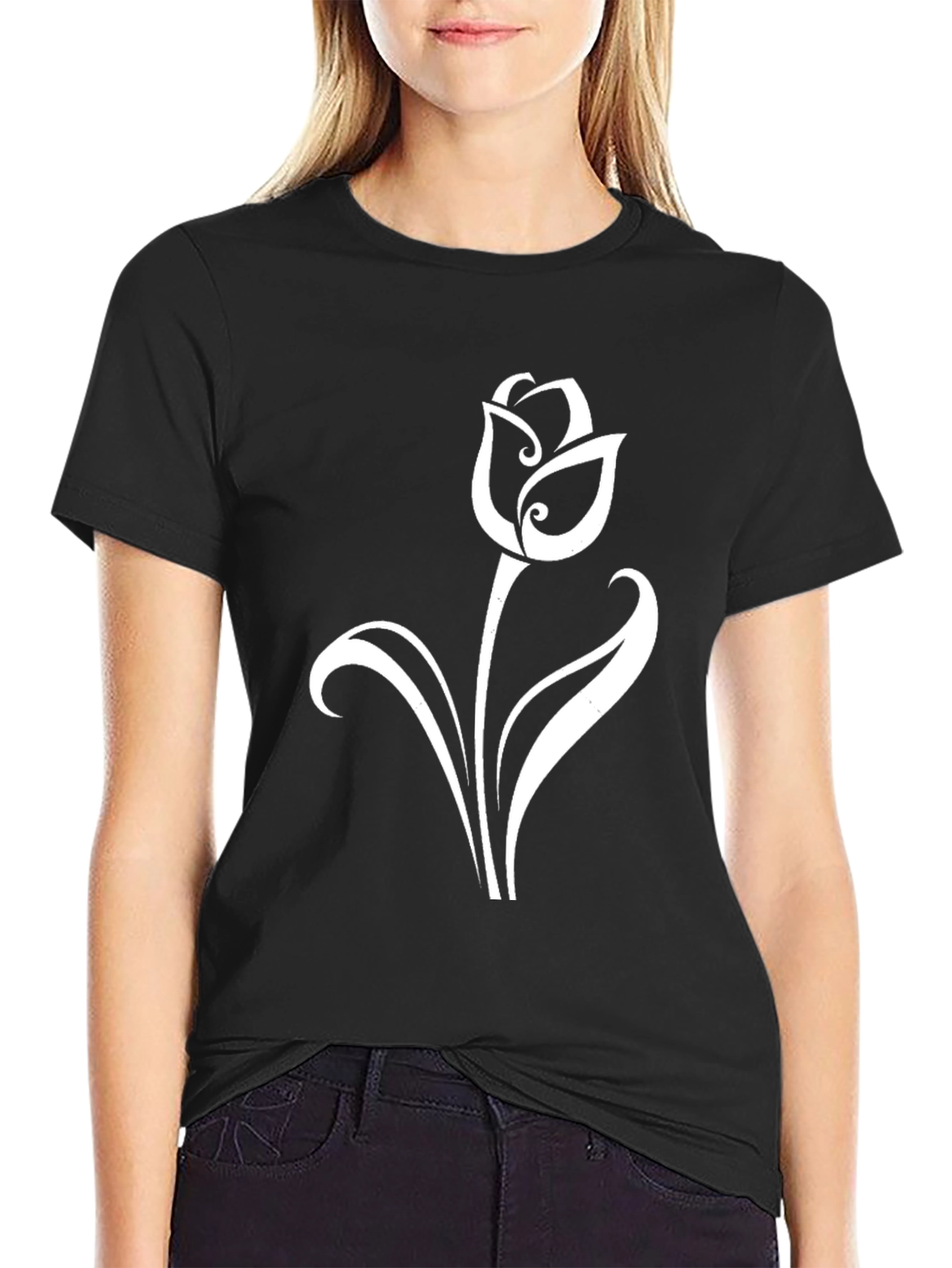 Black T-Shirt with Elegant White Tulip Design