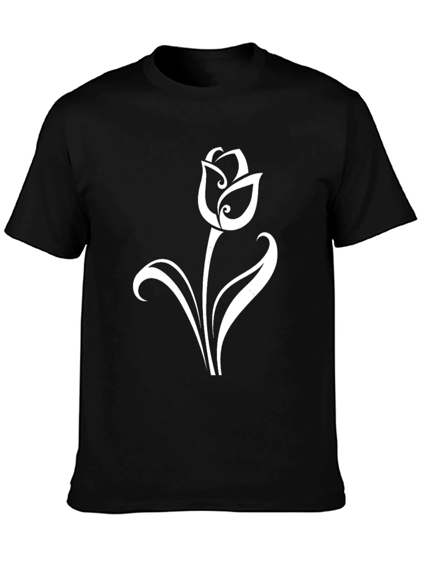 Black T-Shirt with Elegant White Tulip Design