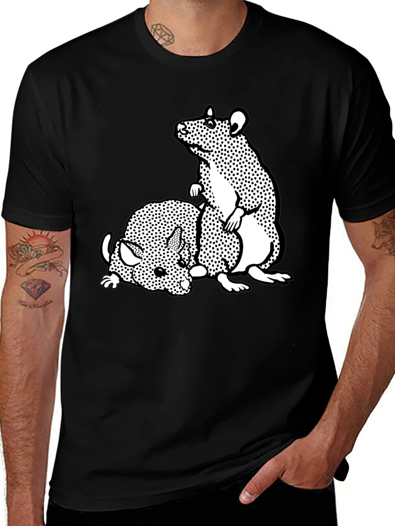 Black T-Shirt with Cartoon Rat Graphic