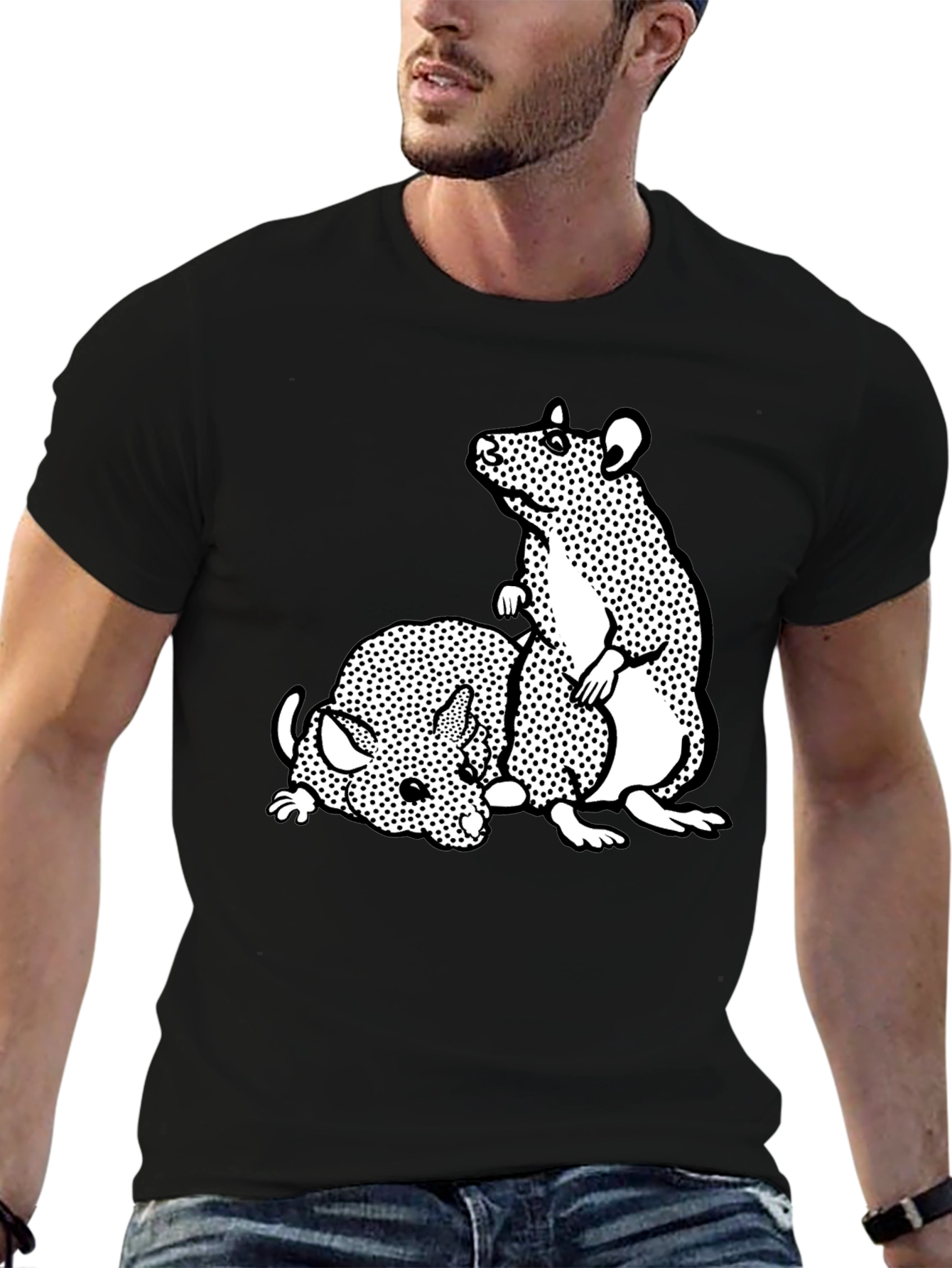 Black T-Shirt with Cartoon Rat Graphic