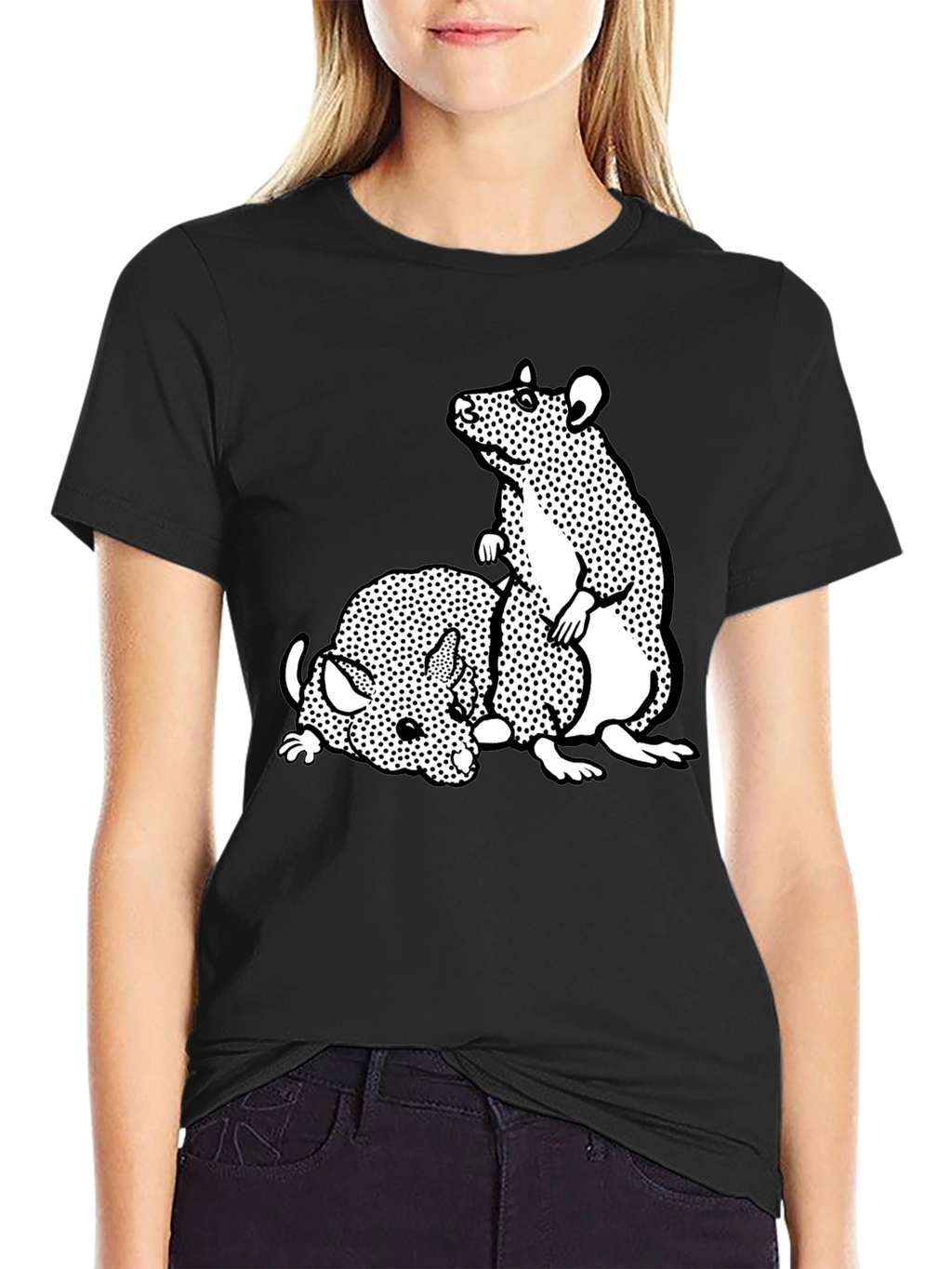 Black T-Shirt with Cartoon Rat Graphic
