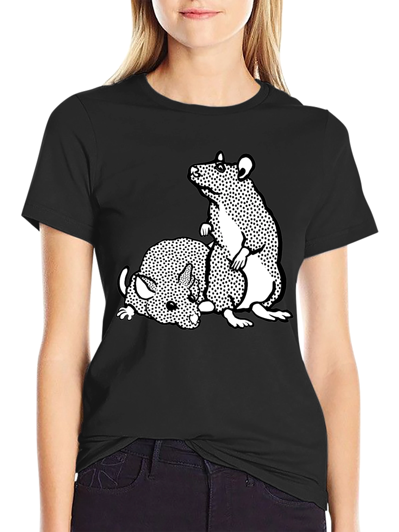 Black T-Shirt with Cartoon Rat Graphic