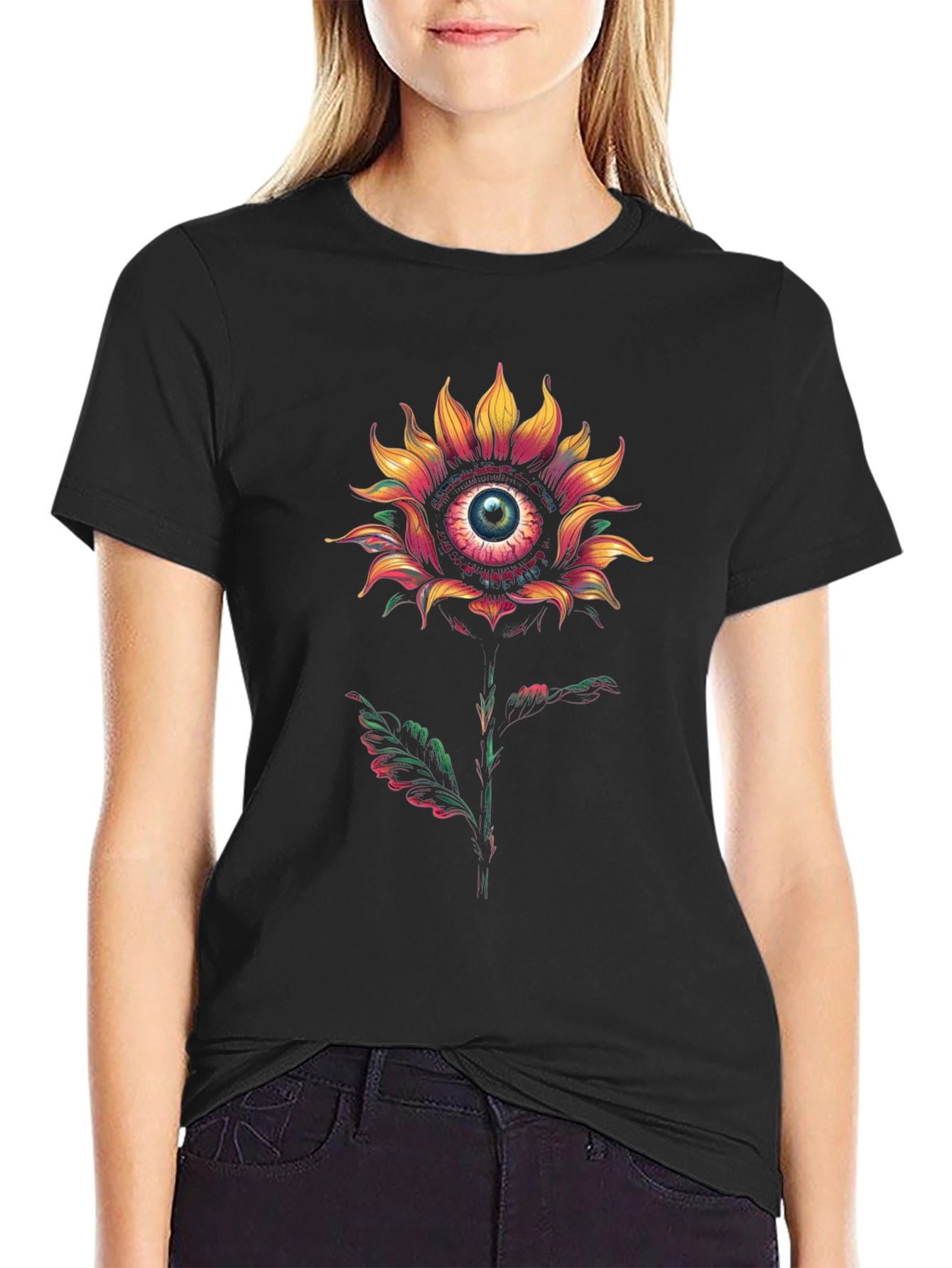 Eye See You Sunflower Graphic Tee - Modern Black Cotton T-Shirt