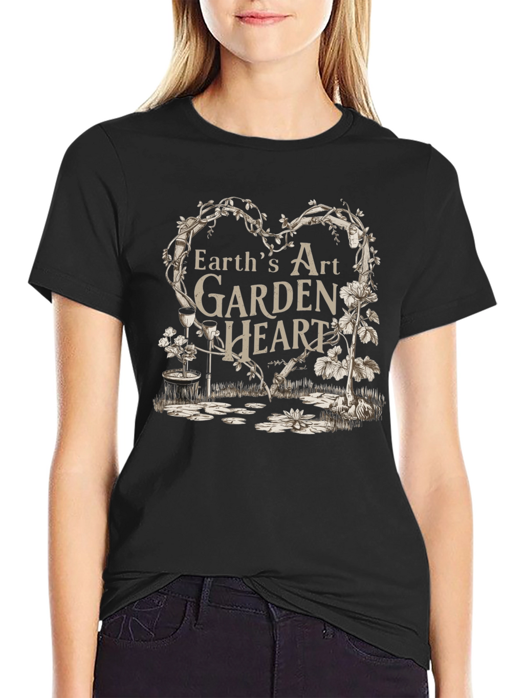 Earths Art Garden Heart Black T-Shirt