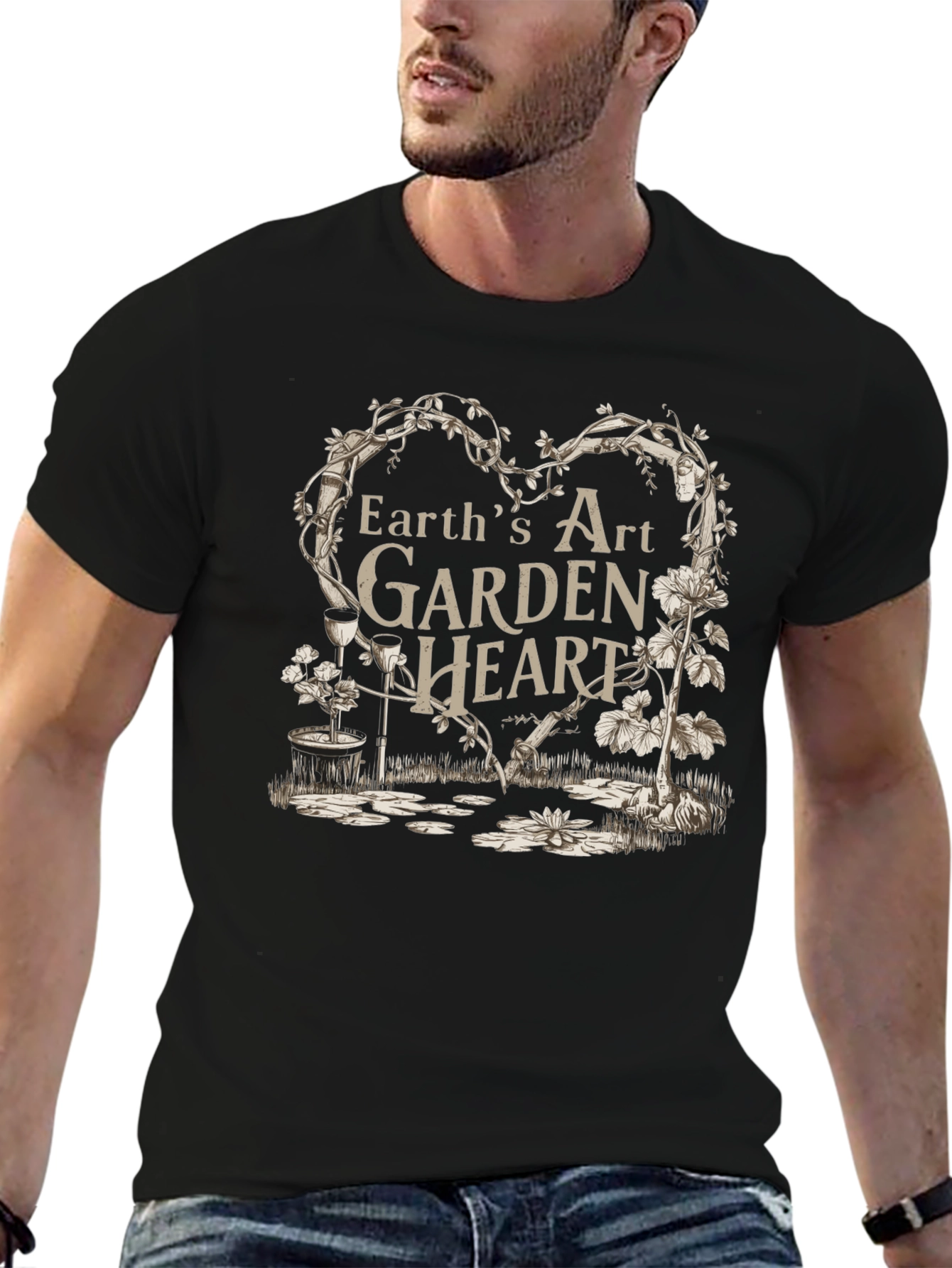 Earths Art Garden Heart Black T-Shirt