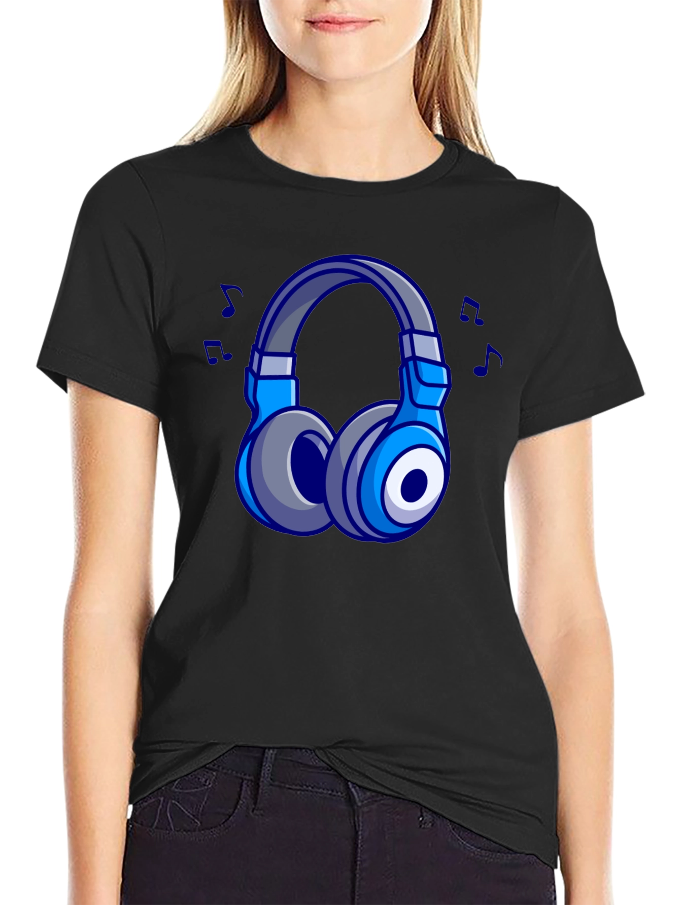 Cool Cartoon Headphones Black T-Shirt