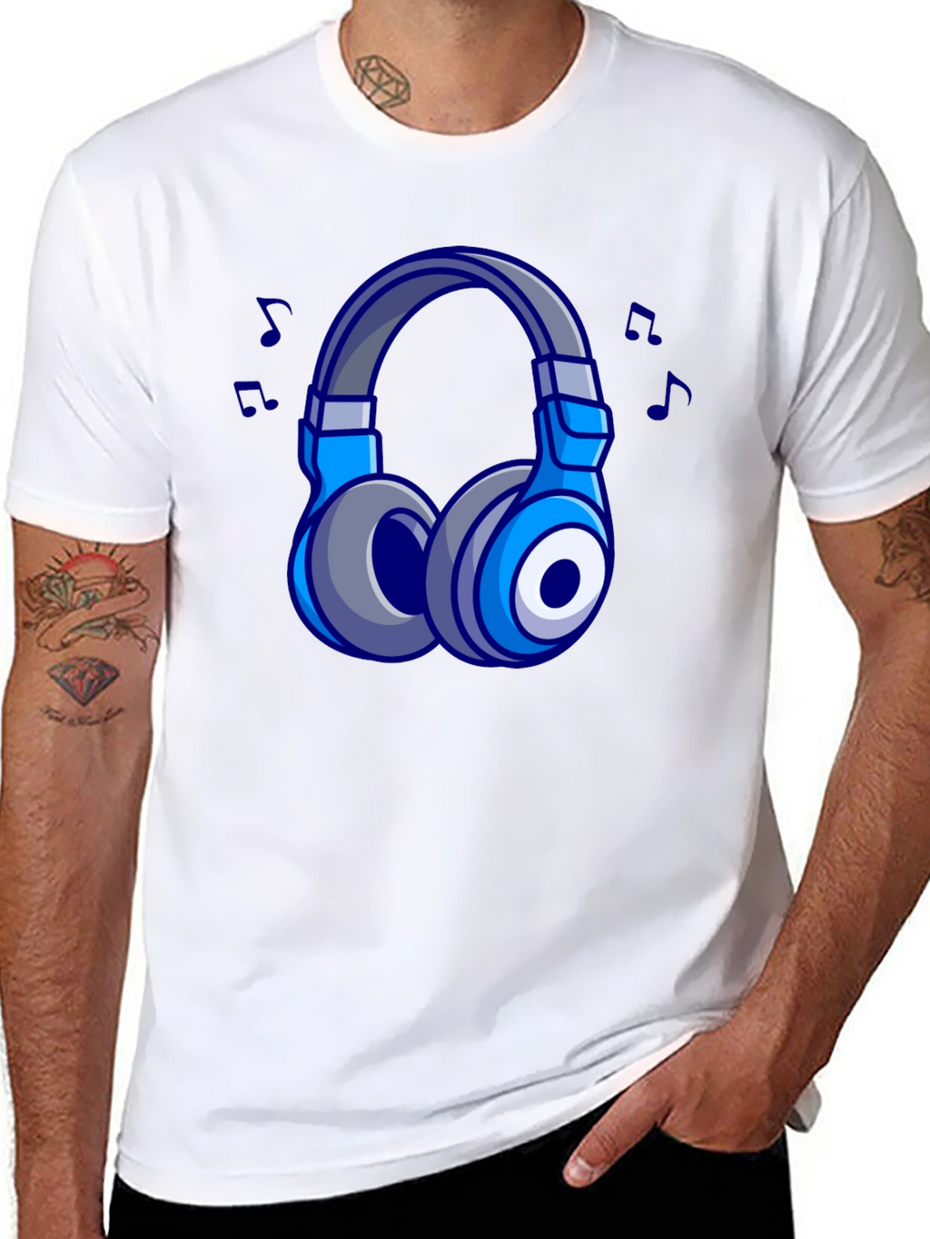 Cool Cartoon Headphones Black T-Shirt