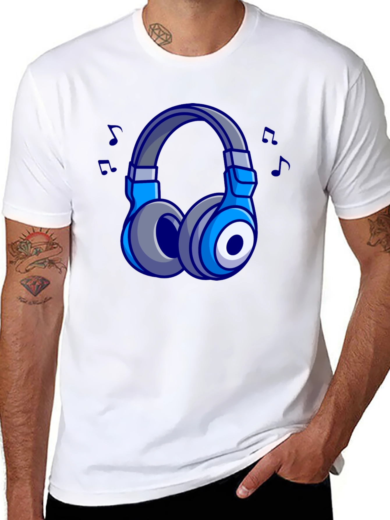 Cool Cartoon Headphones Black T-Shirt