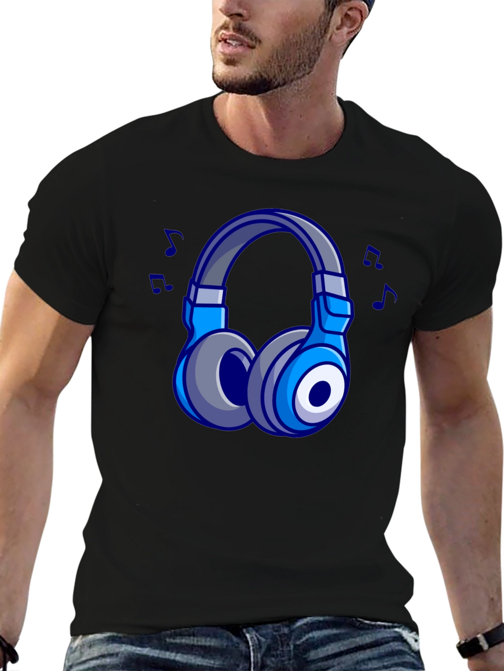 Cool Cartoon Headphones Black T-Shirt