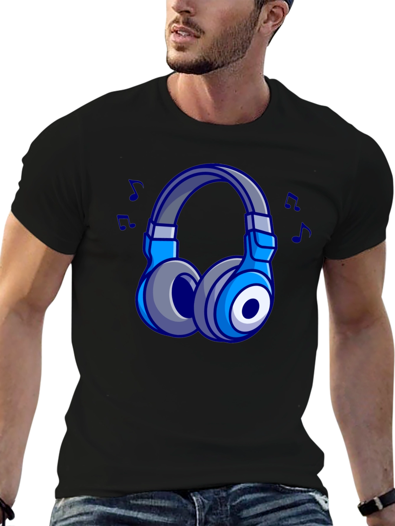 Cool Cartoon Headphones Black T-Shirt