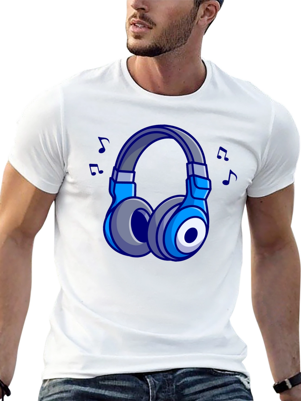 Cool Cartoon Headphones Black T-Shirt
