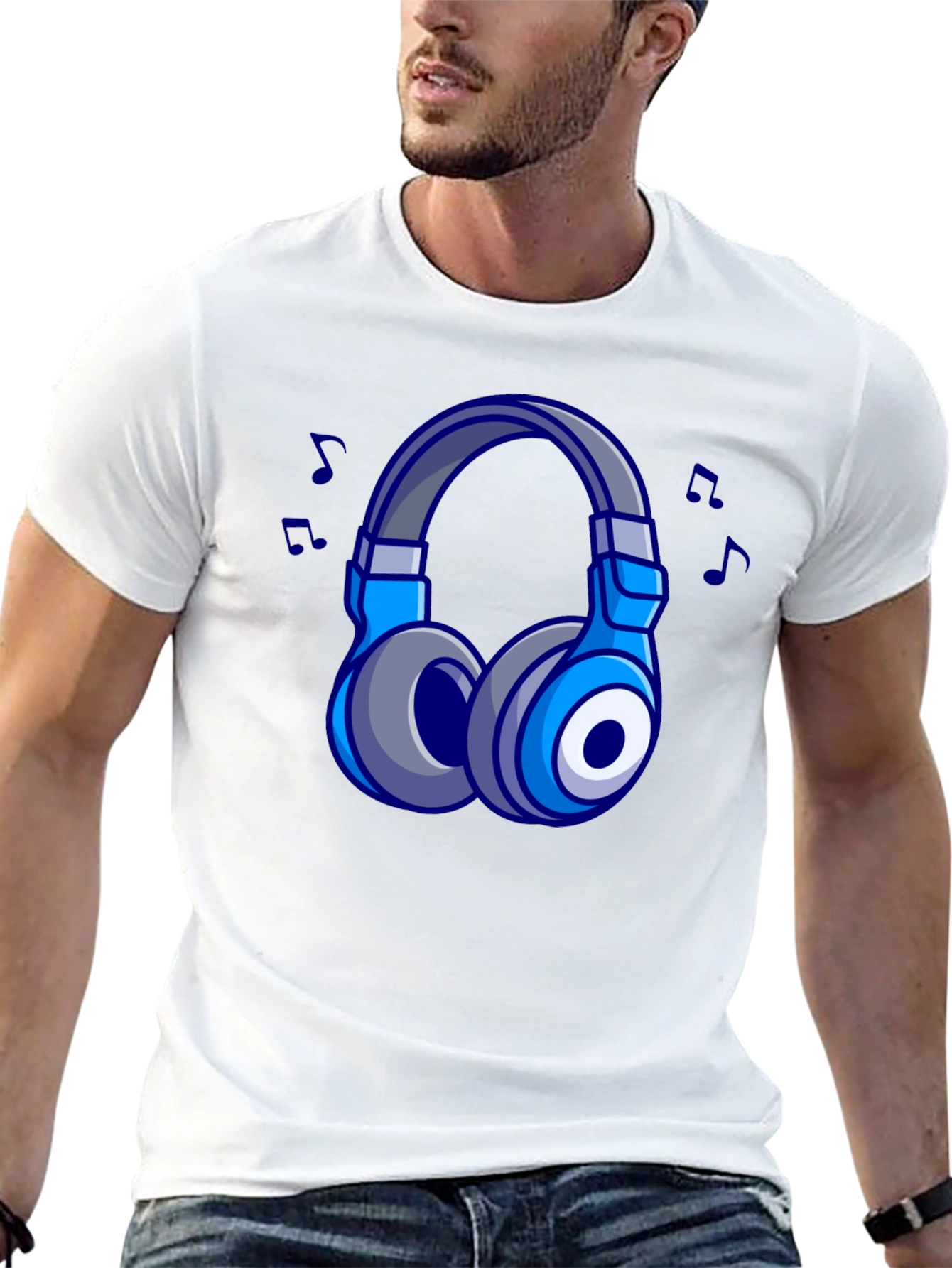 Cool Cartoon Headphones Black T-Shirt