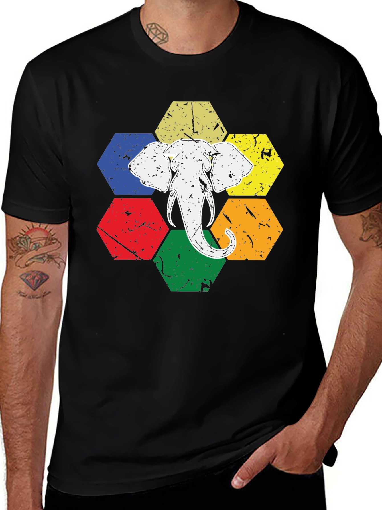 Elephant Graphic Tee - Colorful Hexagon Design