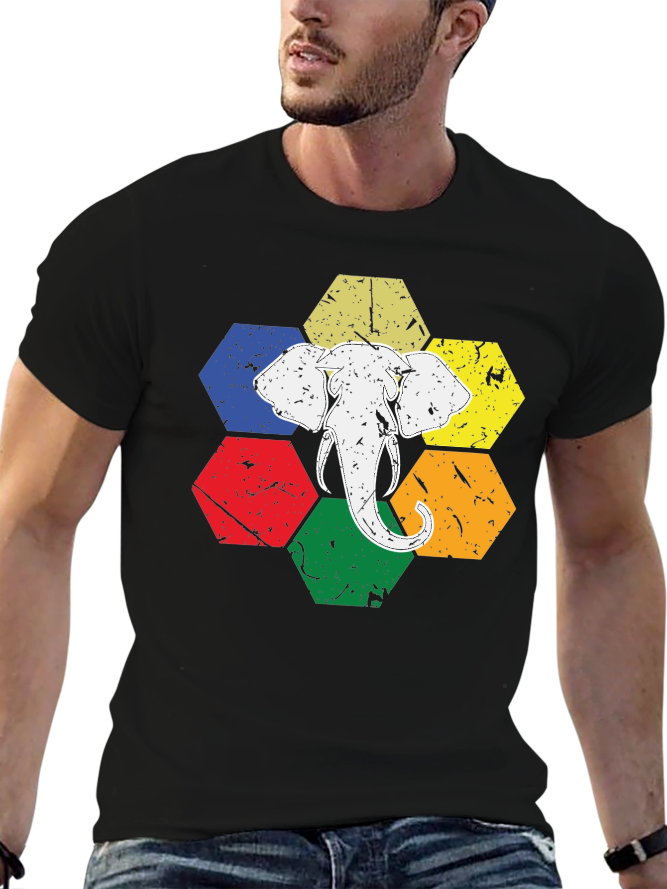 Elephant Graphic Tee - Colorful Hexagon Design
