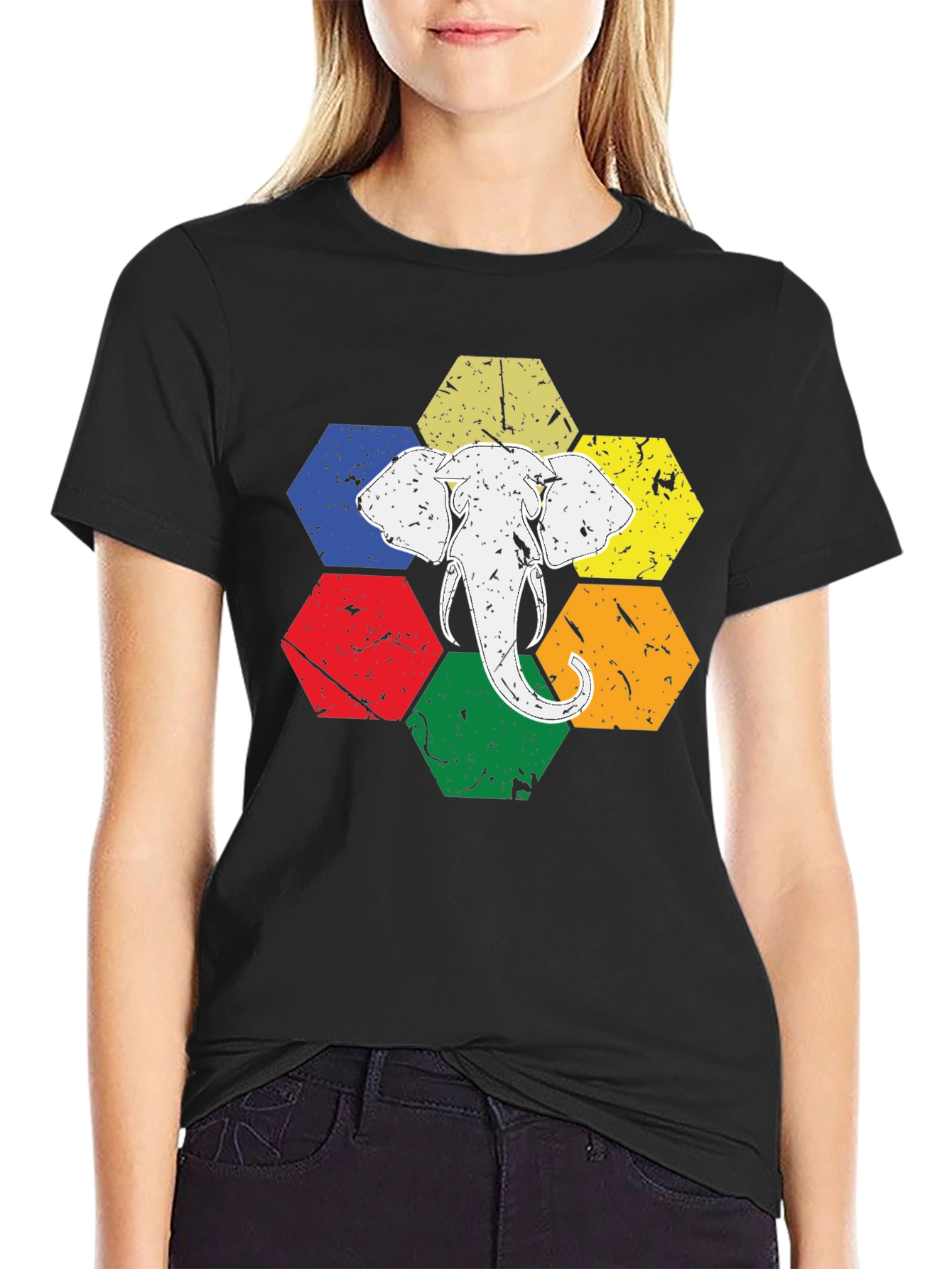 Elephant Graphic Tee - Colorful Hexagon Design