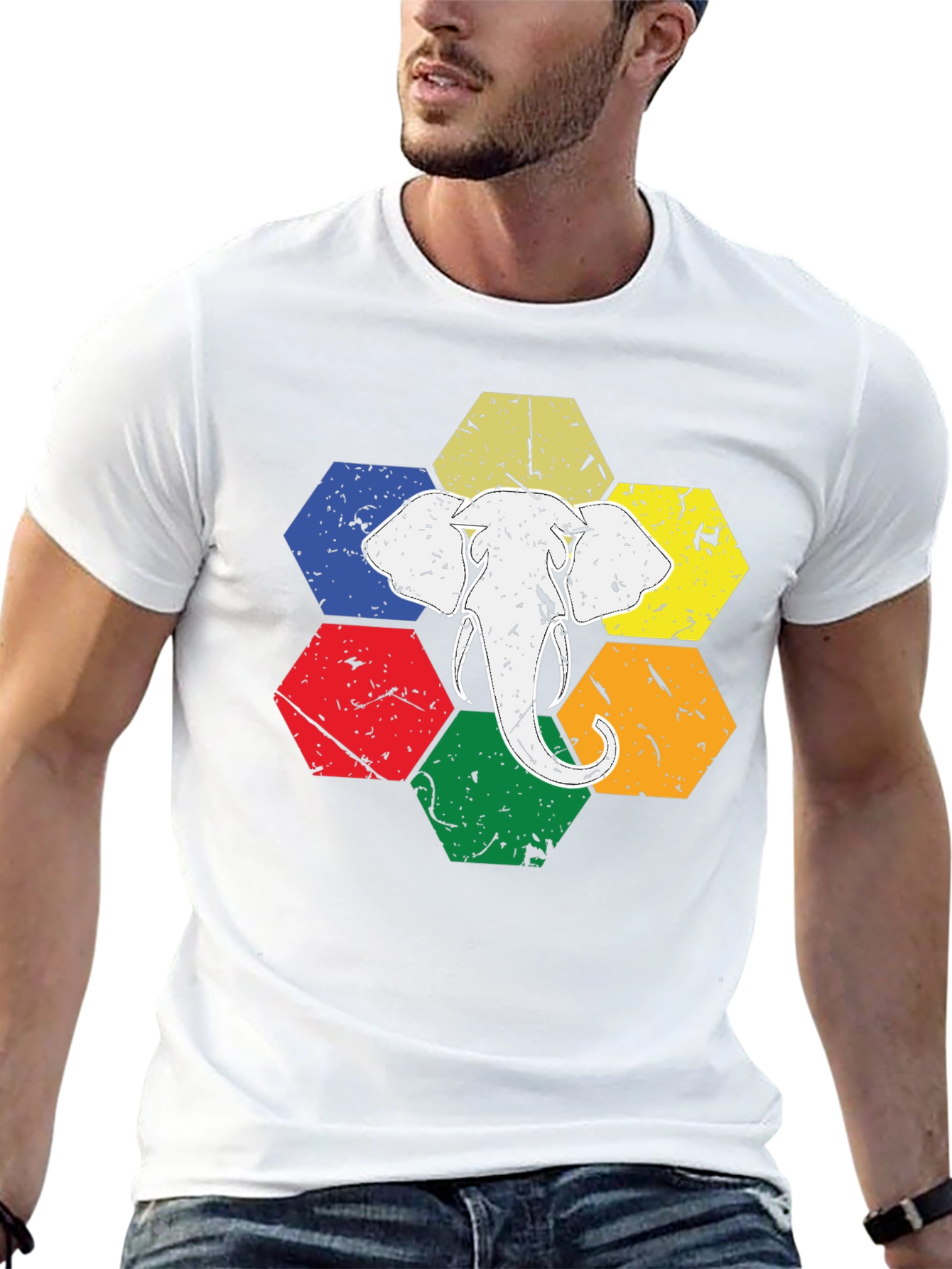 Elephant Graphic Tee - Colorful Hexagon Design