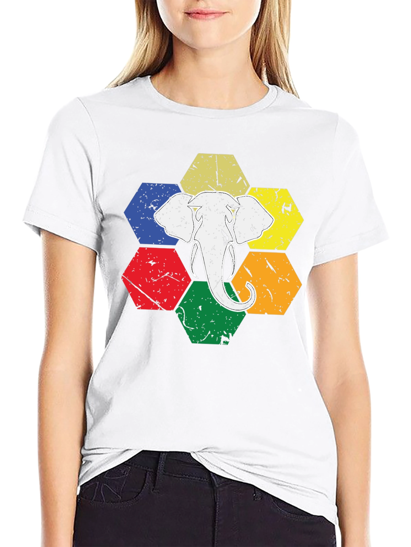 Elephant Graphic Tee - Colorful Hexagon Design