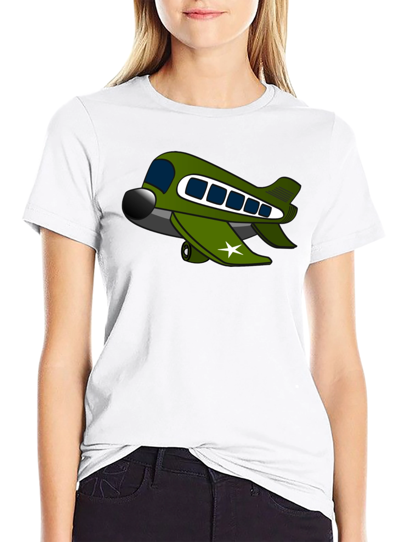 Cartoon Airplane Graphic Tee - Black