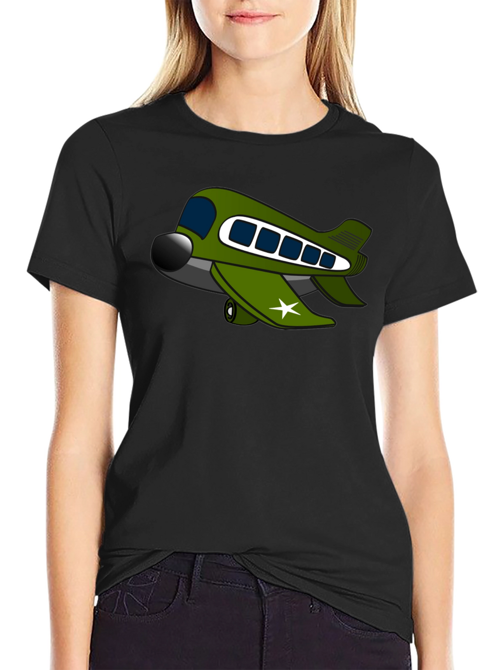 Cartoon Airplane Graphic Tee - Black