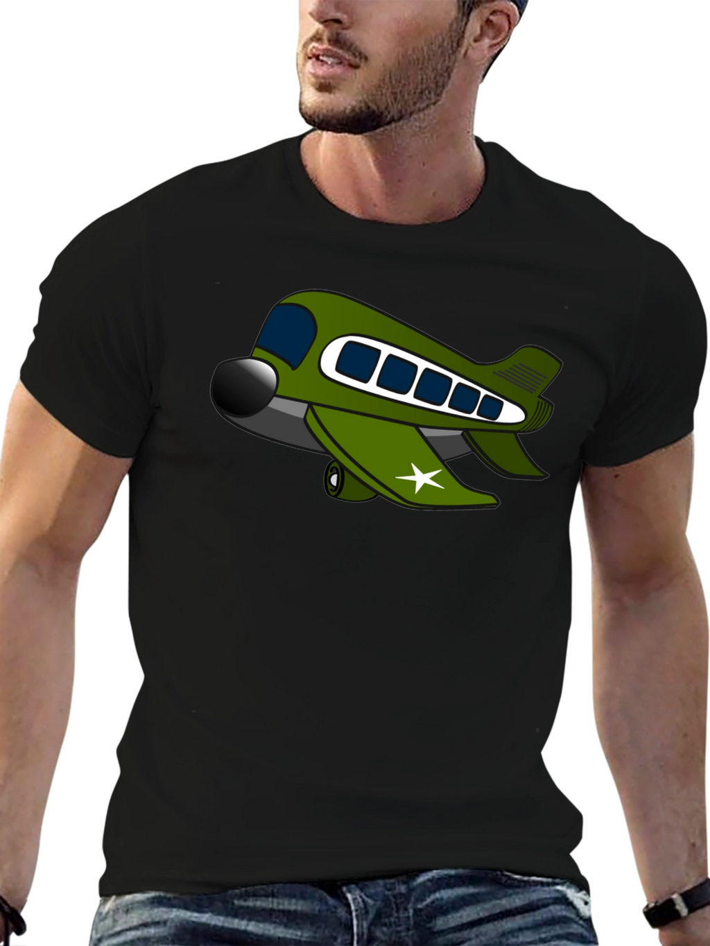Cartoon Airplane Graphic Tee - Black