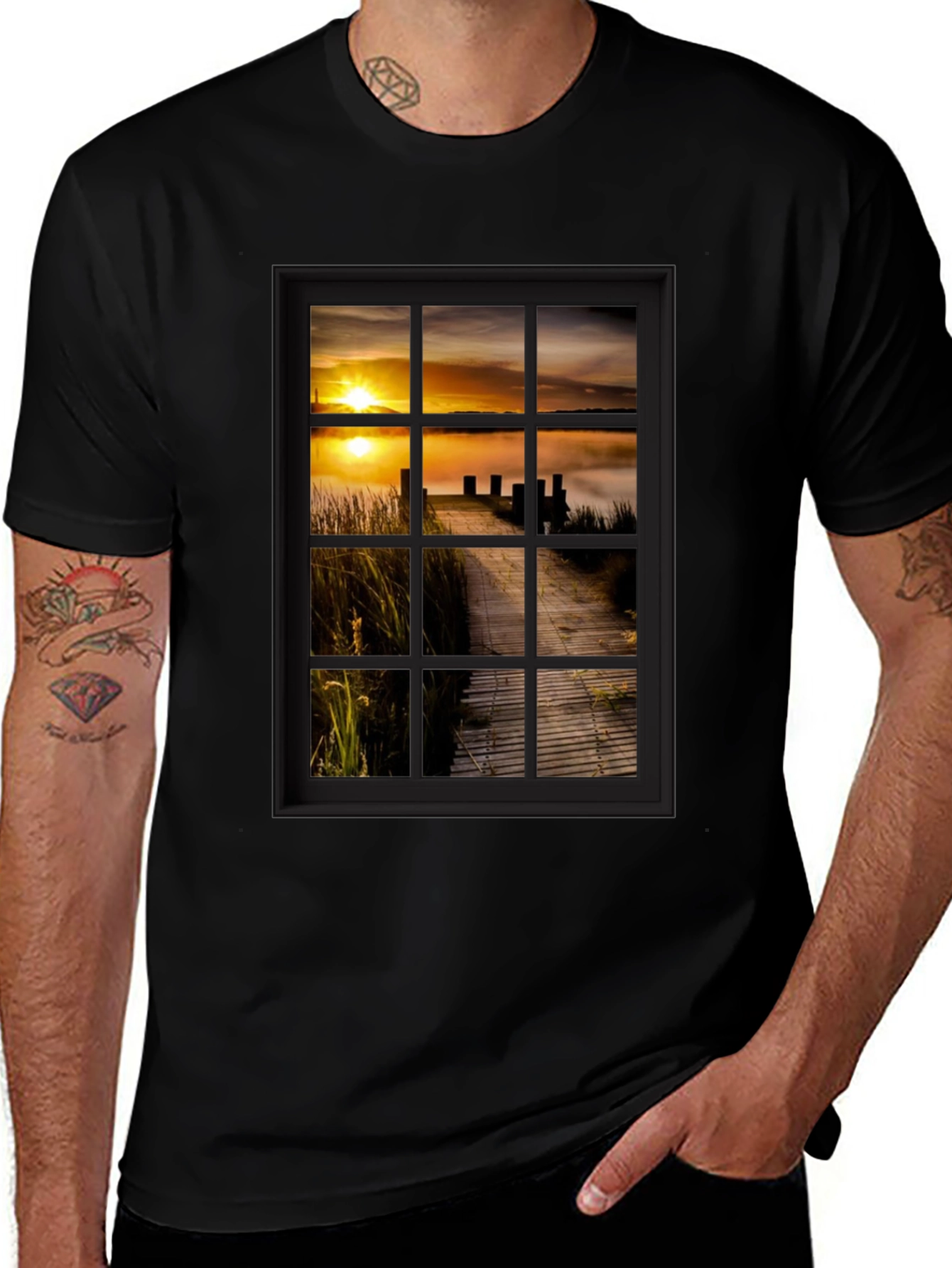 Sunrise Pier Window Graphic Tee - Unique Design!