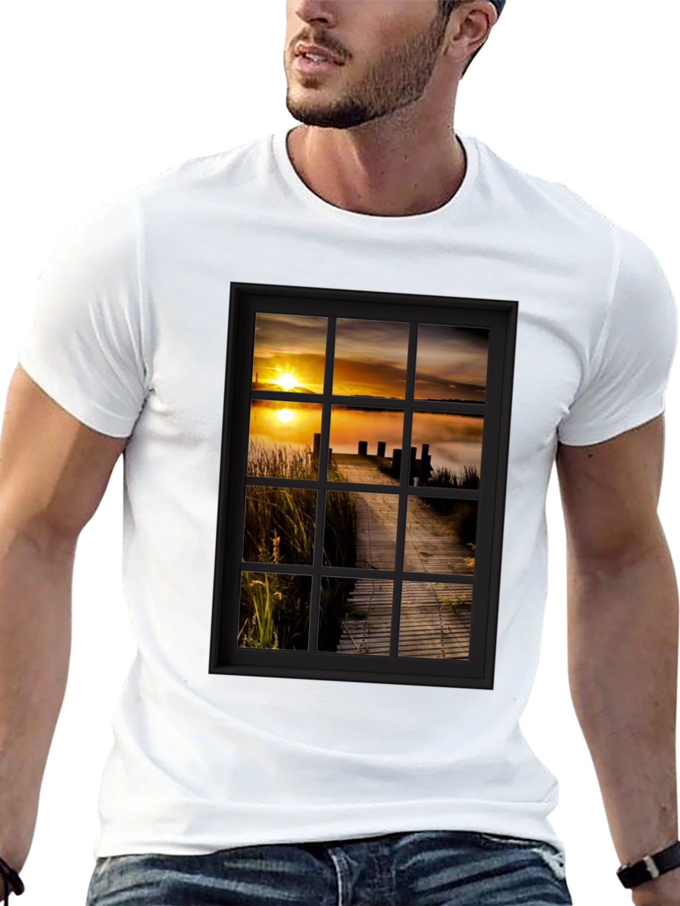 Sunrise Pier Window Graphic Tee - Unique Design!