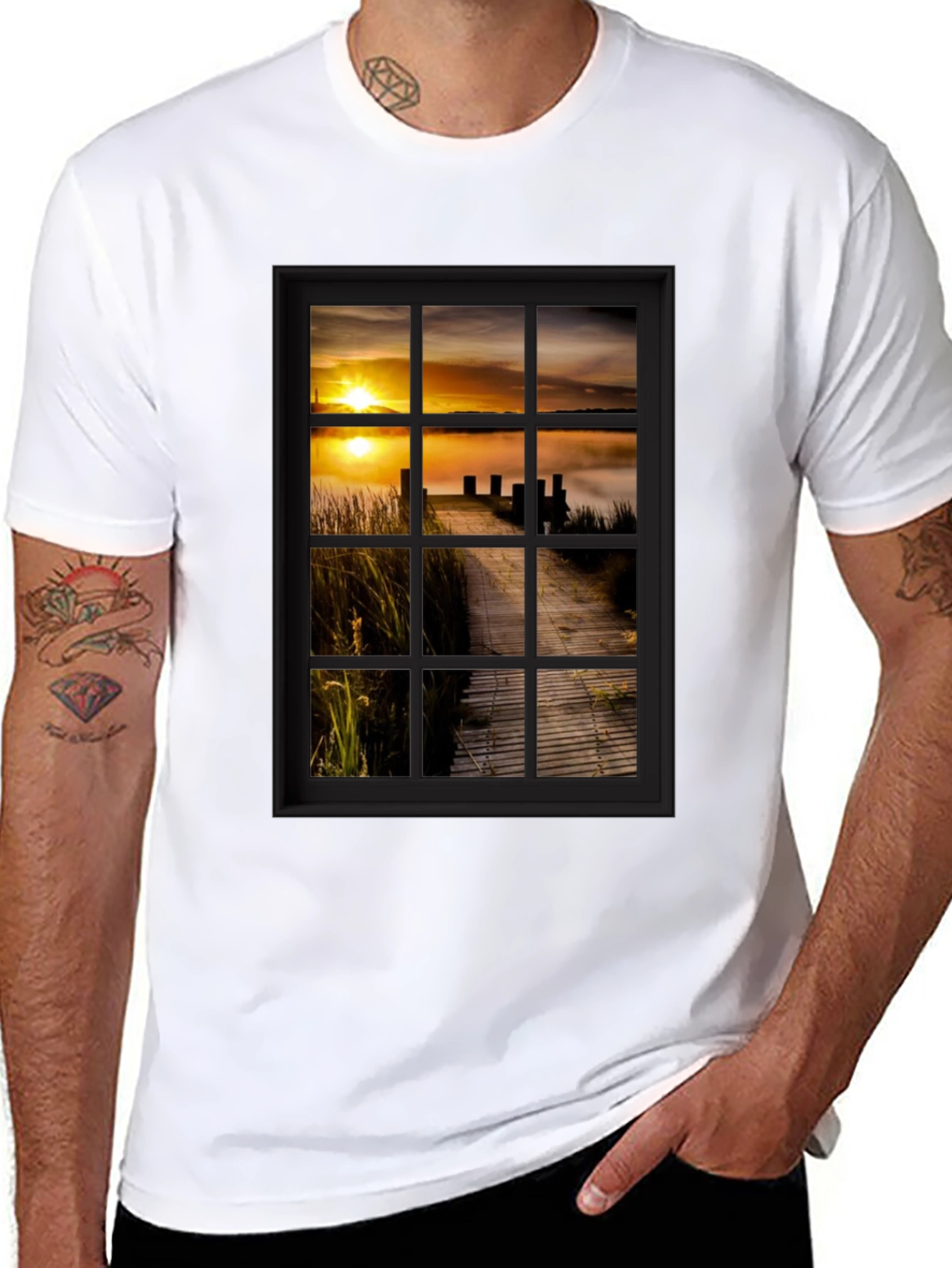 Sunrise Pier Window Graphic Tee - Unique Design!