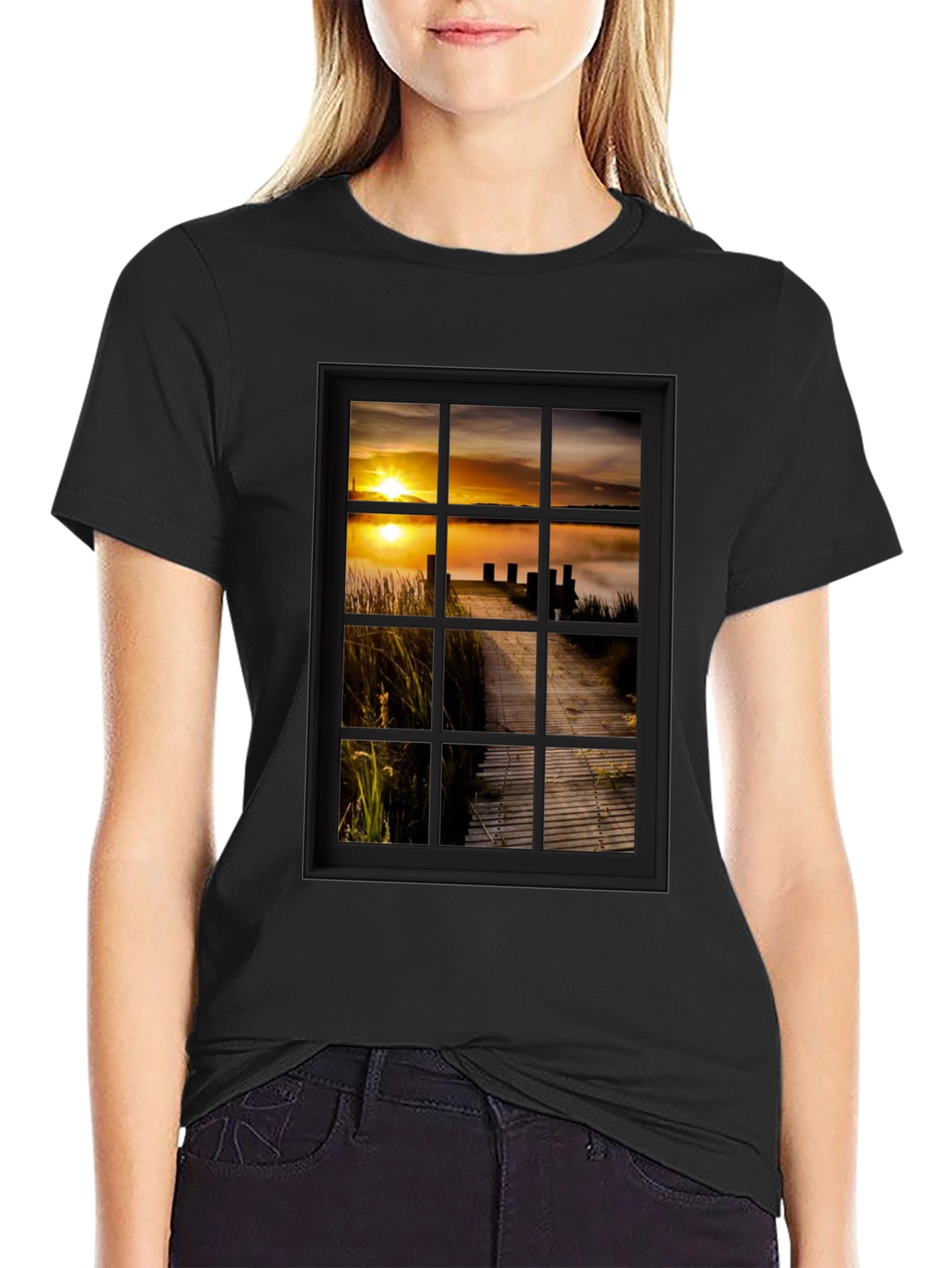 Sunrise Pier Window Graphic Tee - Unique Design!