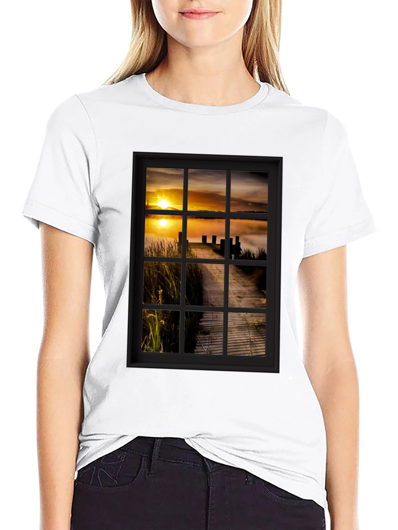 Sunrise Pier Window Graphic Tee - Unique Design!