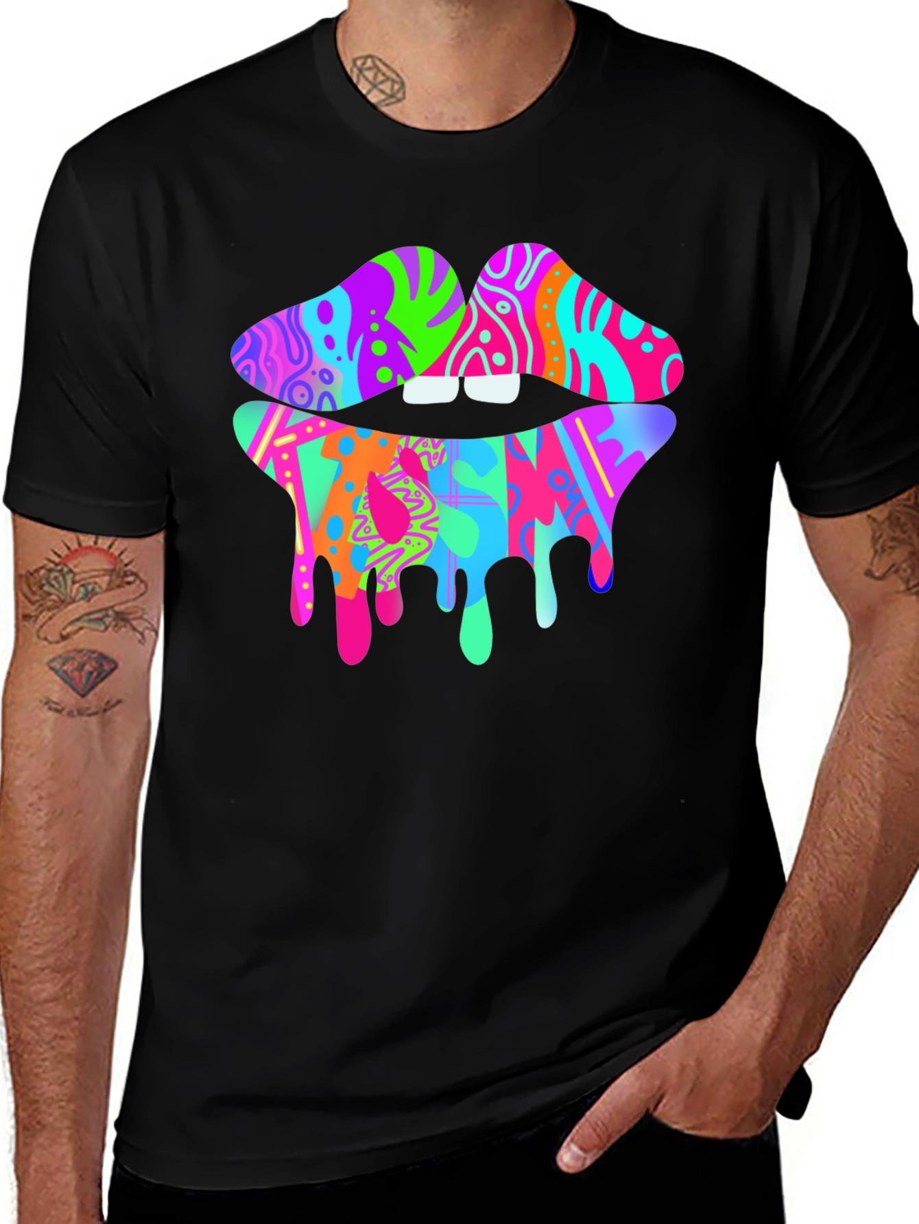 Colorful Dripping Lips Graphic T-Shirt - Unique Fashion Tee