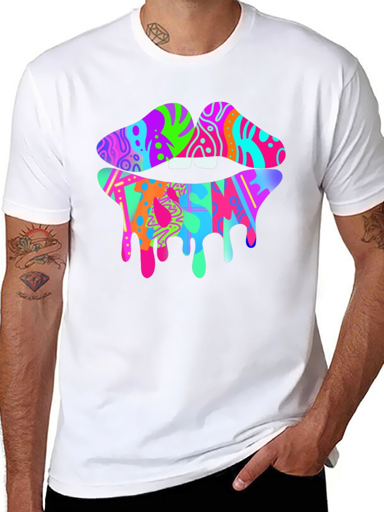 Colorful Dripping Lips Graphic T-Shirt - Unique Fashion Tee