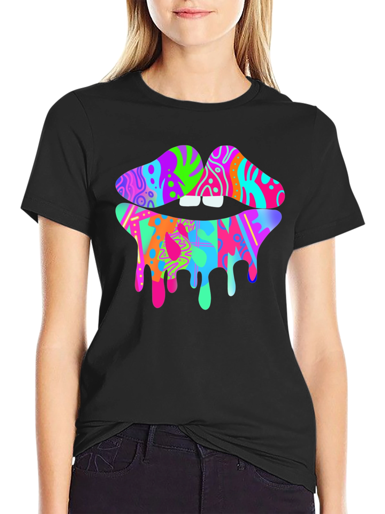 Colorful Dripping Lips Graphic T-Shirt - Unique Fashion Tee