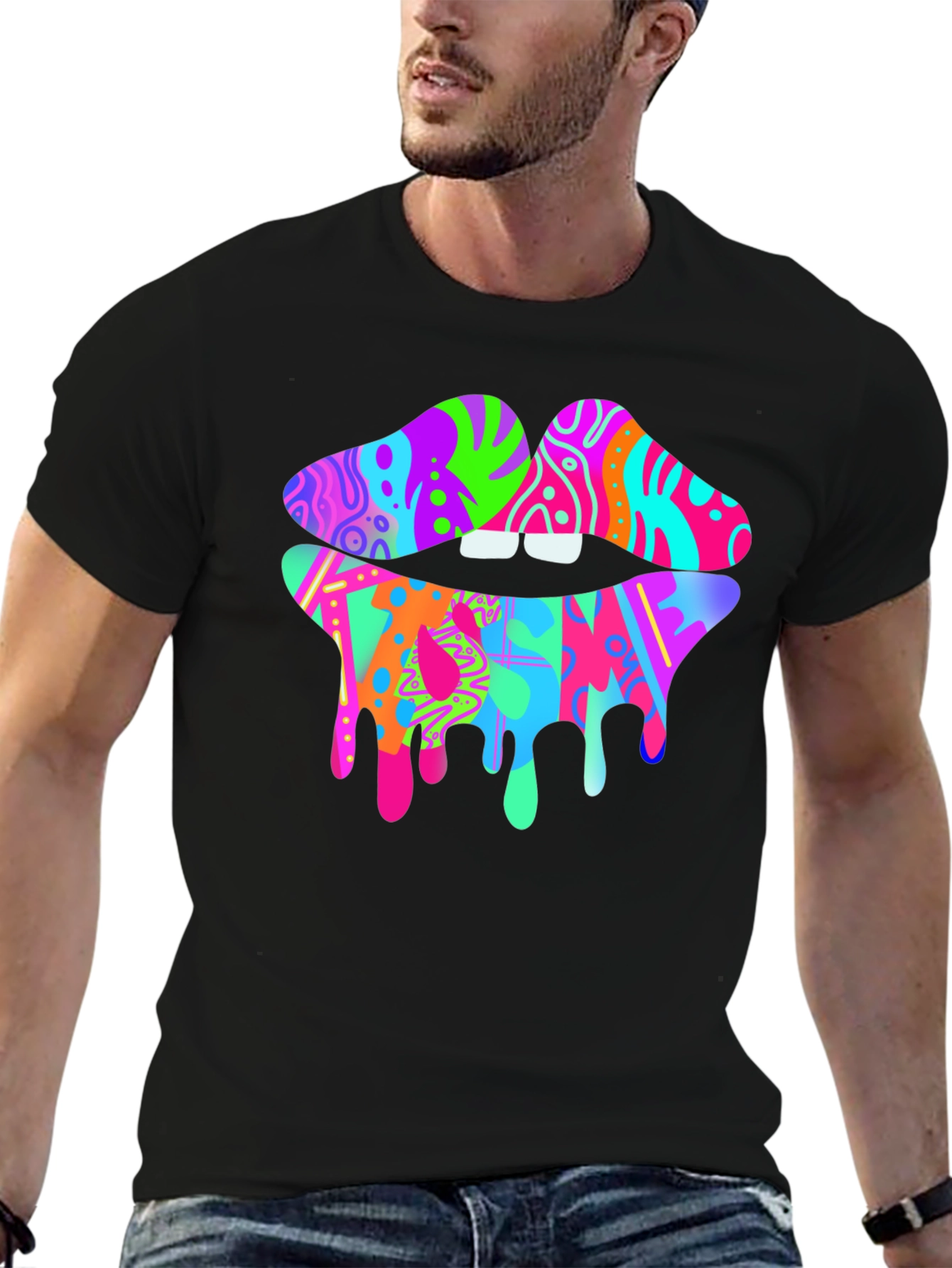 Colorful Dripping Lips Graphic T-Shirt - Unique Fashion Tee