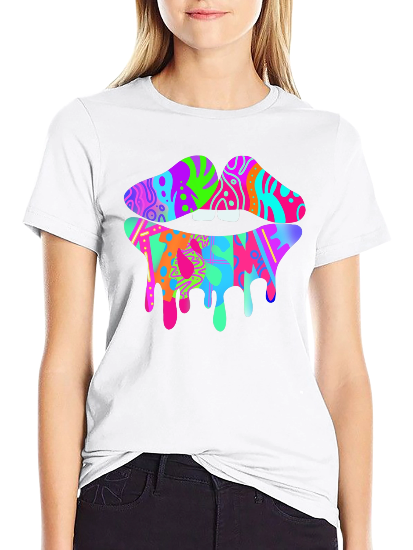 Colorful Dripping Lips Graphic T-Shirt - Unique Fashion Tee