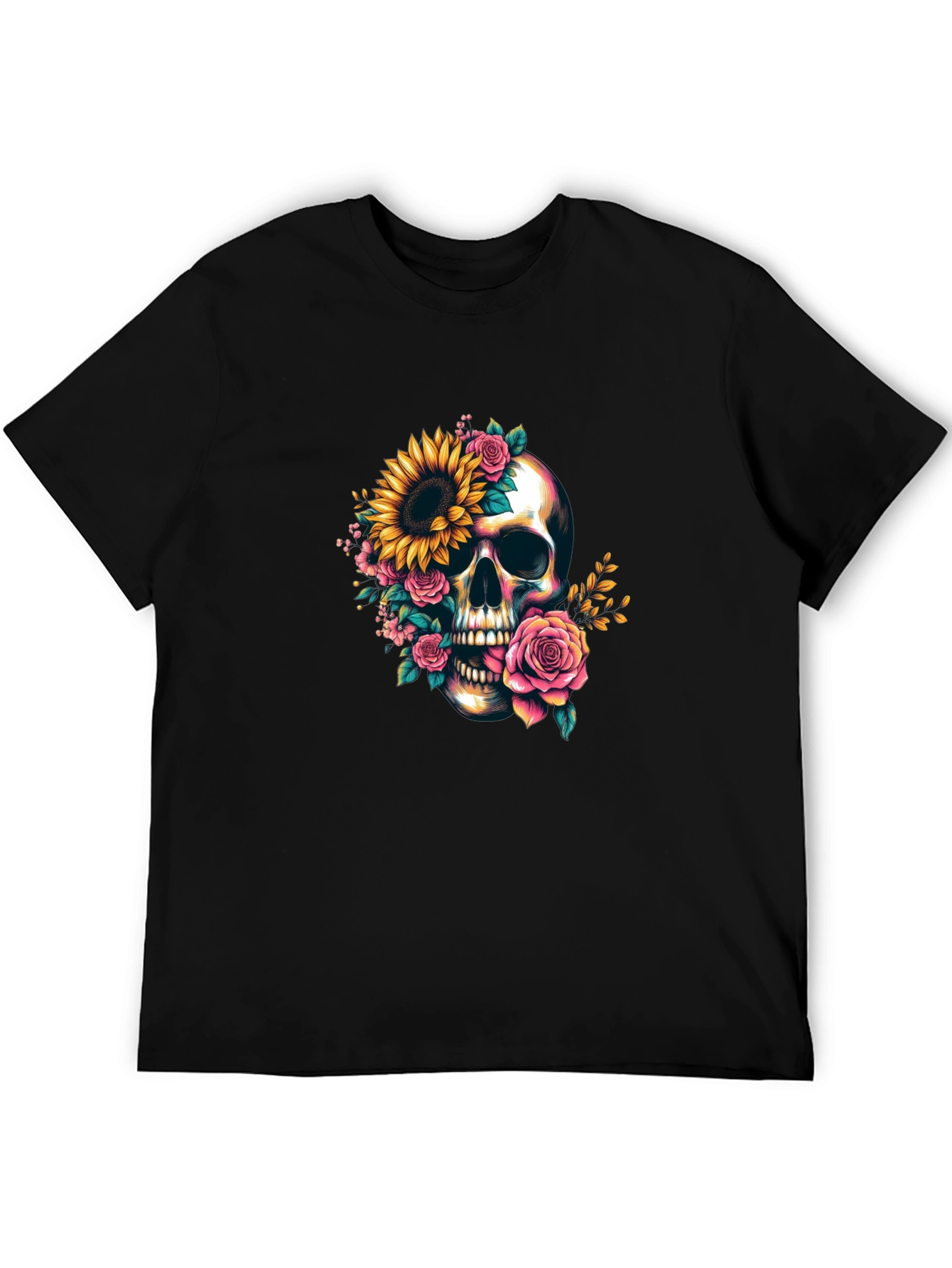 Floral Skull Graphic Tee - Dark Casual Style