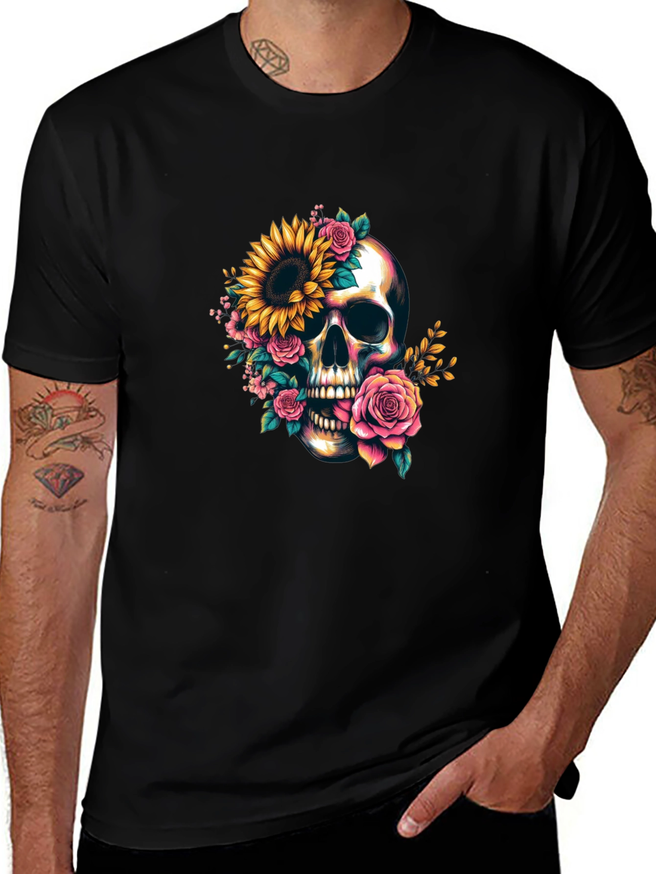 Floral Skull Graphic Tee - Dark Casual Style