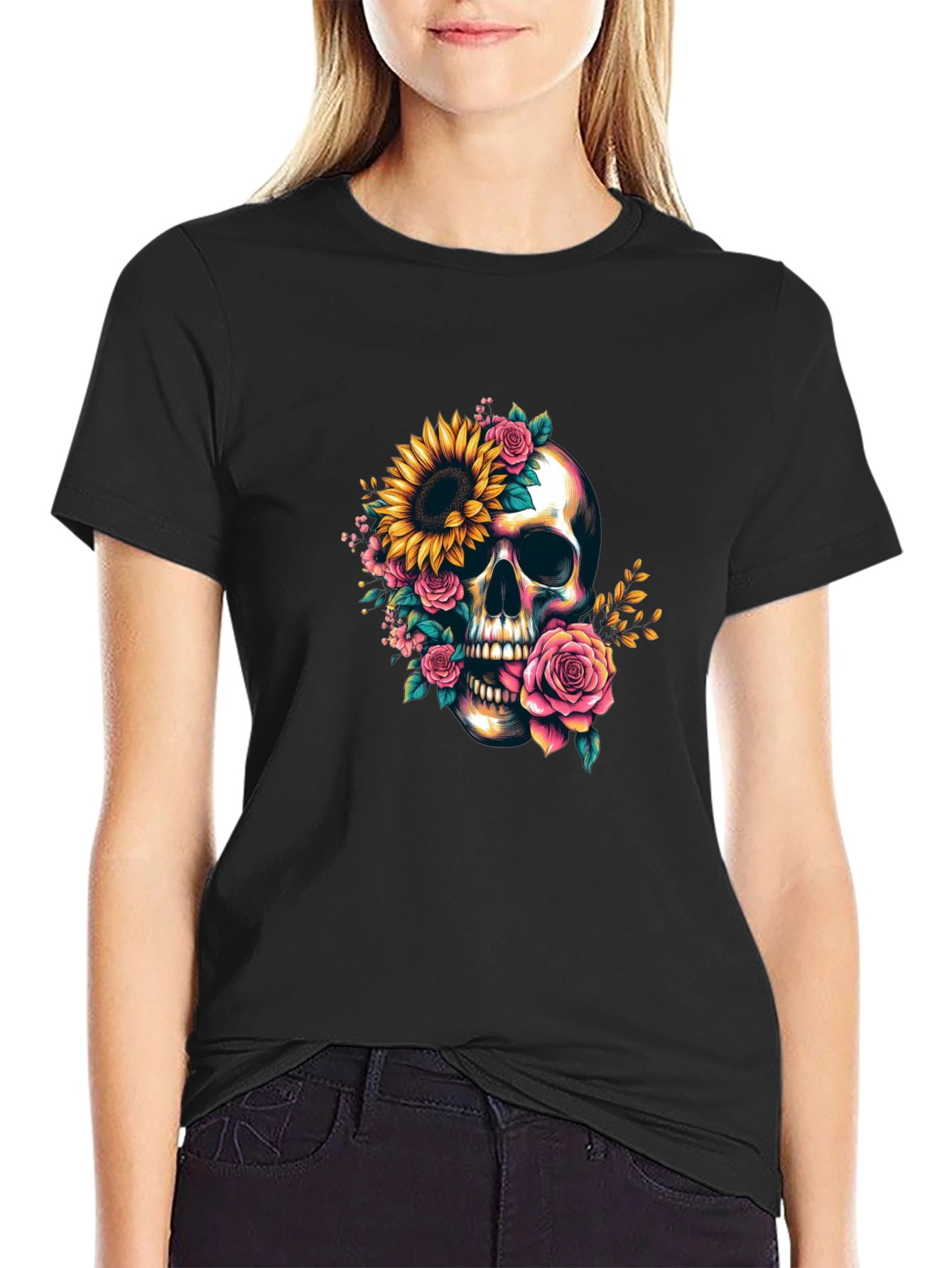Floral Skull Graphic Tee - Dark Casual Style