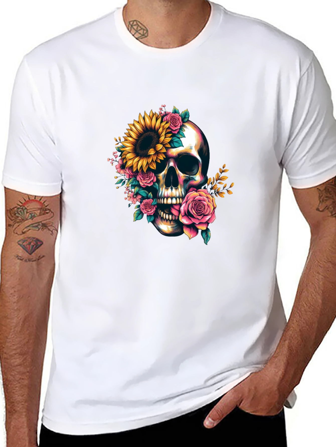 Floral Skull Graphic Tee - Dark Casual Style