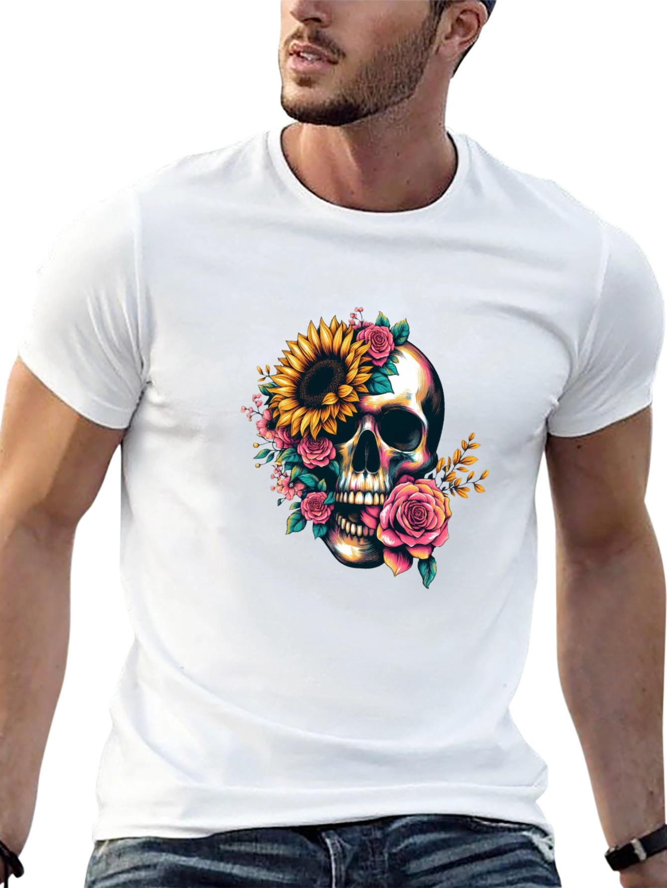 Floral Skull Graphic Tee - Dark Casual Style
