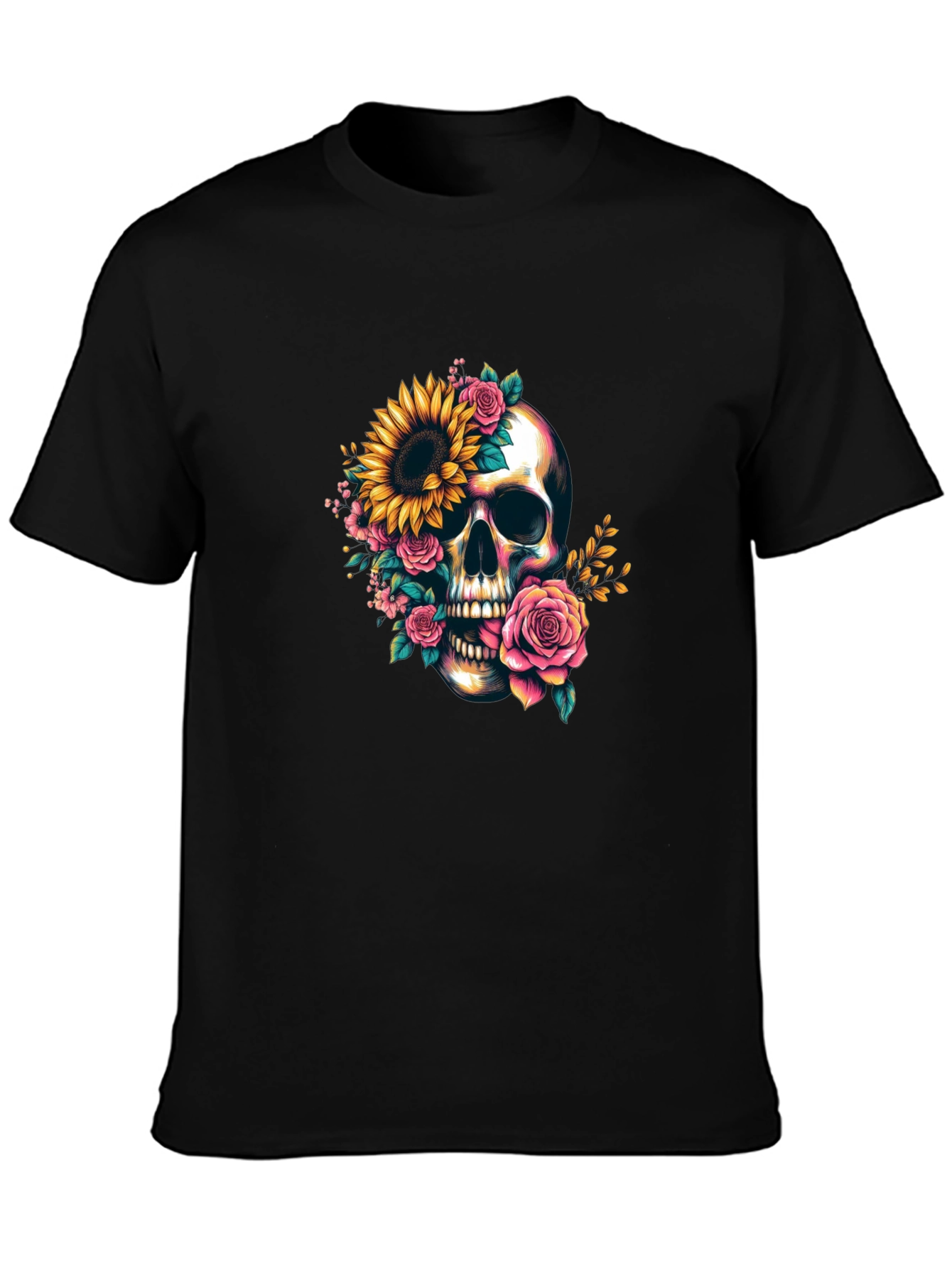 Floral Skull Graphic Tee - Dark Casual Style
