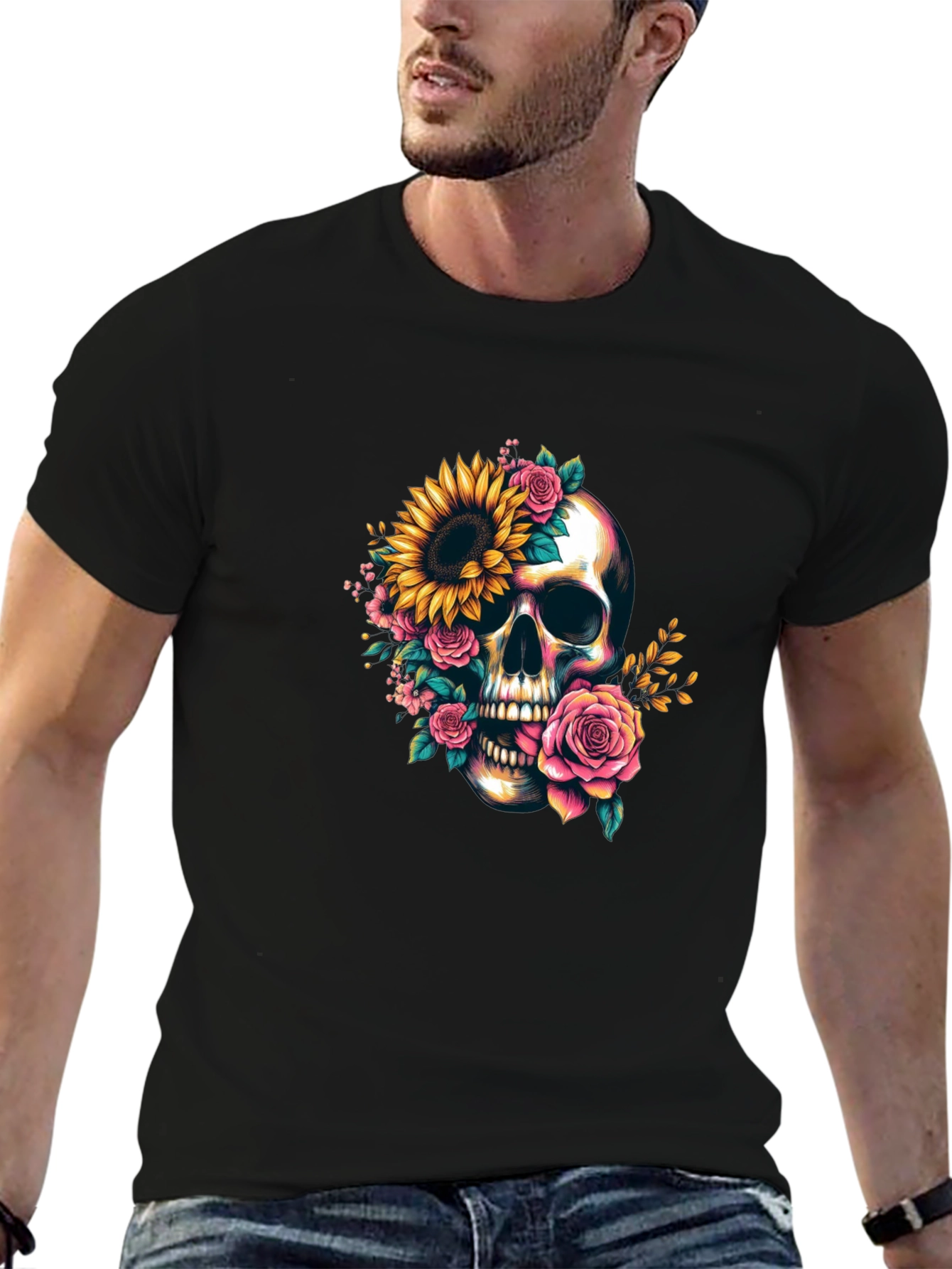Floral Skull Graphic Tee - Dark Casual Style