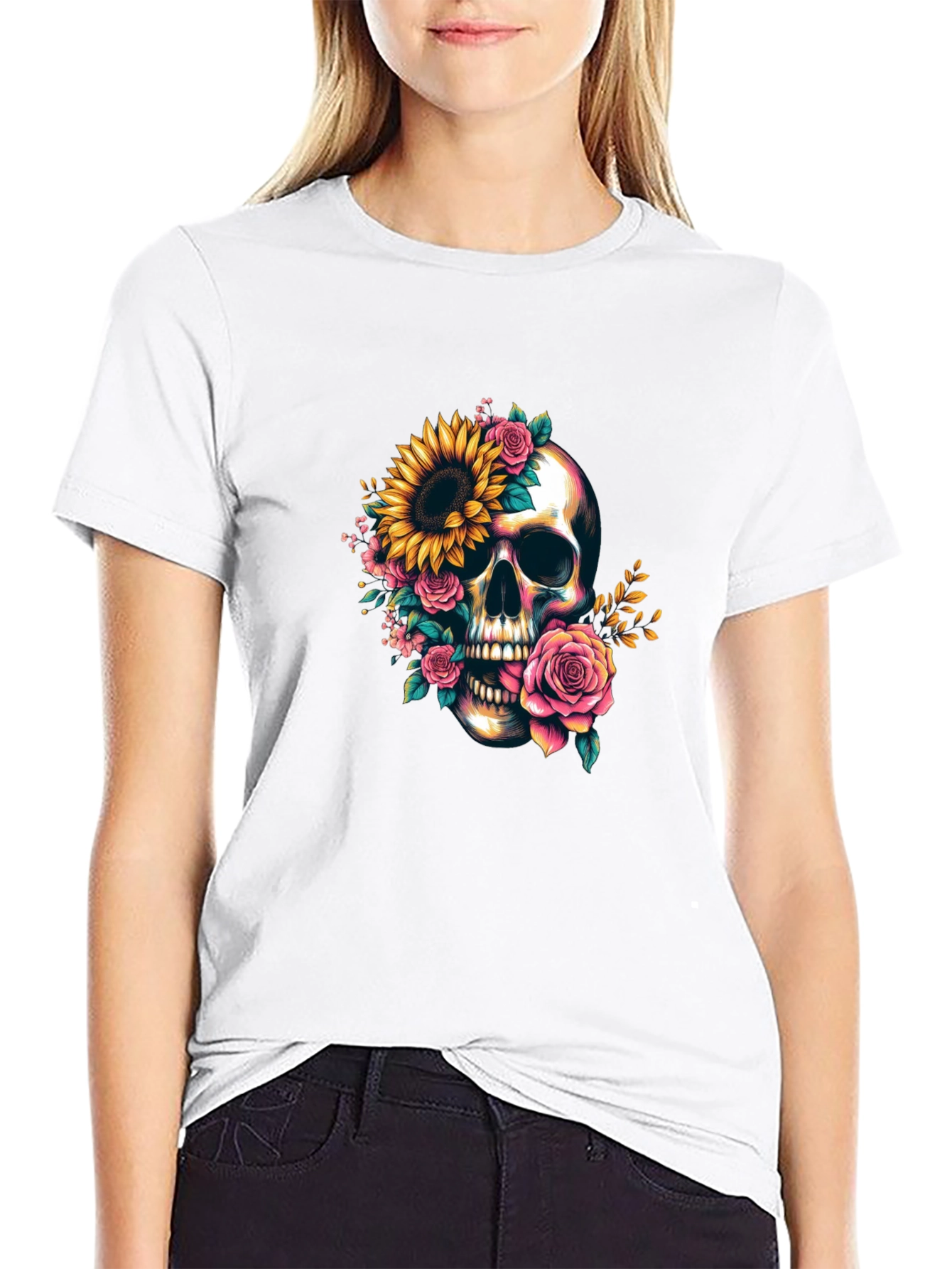 Floral Skull Graphic Tee - Dark Casual Style