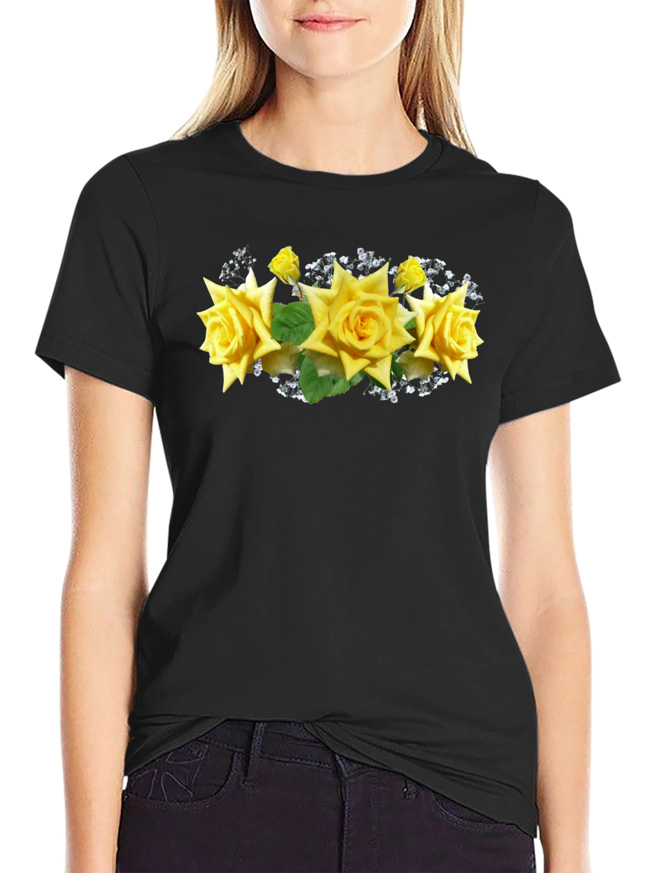 Black Tee with Floral Rose Graphic