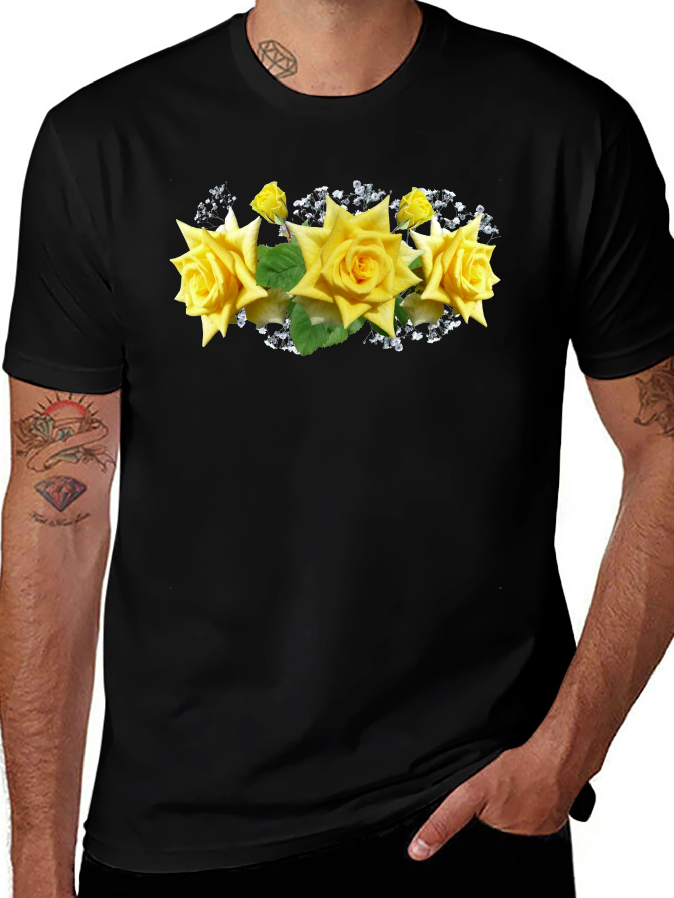 Black Tee with Floral Rose Graphic
