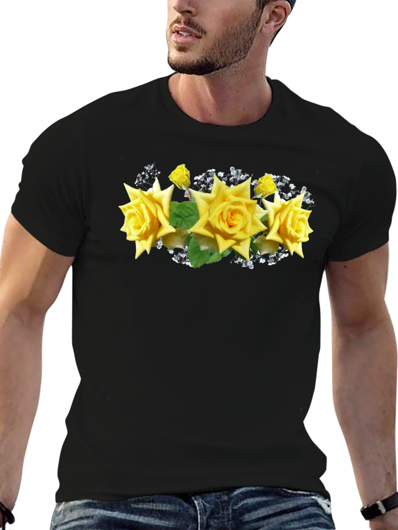 Black Tee with Floral Rose Graphic