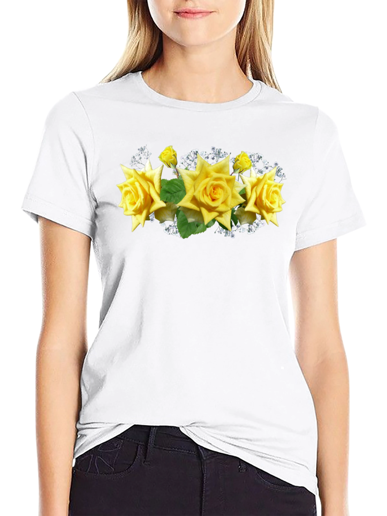 Black Tee with Floral Rose Graphic
